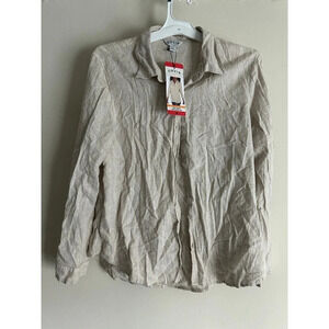 Orvis Womens M Taupe Striped Roll Tab Sleeves Linen Blend Button Up Shirt NWT